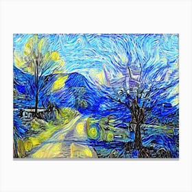 Starry Night Swirl Paint Strokes Road Mountains Canvas Print