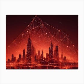 Abstract Image Of A Glowing, Red Network Over A Silhouetted Cityscape Canvas Print