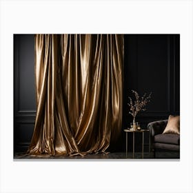 Curving Gold Drapery Cascades Down A Rich Brown Wall The Silken Material Emulating The Fluidity And (1) Canvas Print