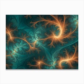 An Abstract Design With Swirling, Orange Tendrils On A Teal Background Canvas Print