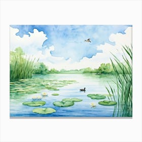 Watercolor Painting Depicting A Tranquil Scene With Water Lilies And A Leaf Floating On A Serene Swe Canvas Print