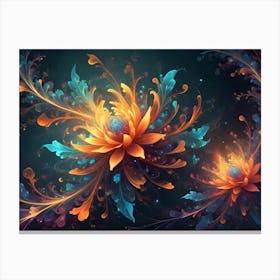 Two Glowing, Abstract Flowers With Intricate Petals In Shades Of Orange, Blue, And Teal Against A Dark, Textured Background Canvas Print