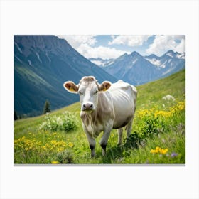 A Closeup On A Pure White Cow Ambling Leisurely In A Verdant Alpine Meadow The Beast Exuding Pure C (5) Canvas Print