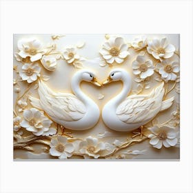 Luxurious 3d Golden And White Ducks With Flowers Canvas Print