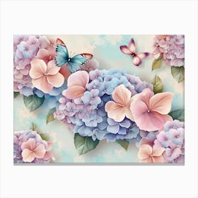 Watercolor Painting with Hydrangea Flowers Bouquets, Butterflies Canvas Print