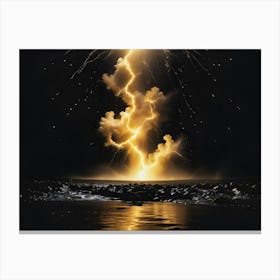 An Abstract Image Of A Powerful Golden Lightning Bolt Striking A Body Of Water With A Dark Sky And Rocky Shore In The Background, Creating A Dramatic And Dynamic Scene Canvas Print