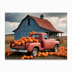 Red Vintage Pickup Truck Packed With Pumpkins By A Rustic Barn Canvas Print