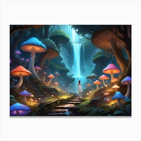 Woman Walking Through A Mystical Forest With Glowing Mushrooms And A Waterfall 6 Canvas Print