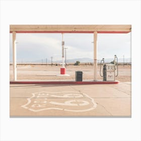 Route 66, USA I Retro vintage gas station in California Mojave Desert with sunny pastel aesthetic photography at the legendary Roy's Motel Cafe in the American countryside with its analog film ambience vibes Canvas Print