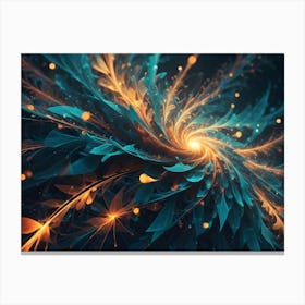 Swirling Abstract Design With Orange And Teal Floral Shapes, Emanating From A Central Point, With Shimmering Particles Canvas Print