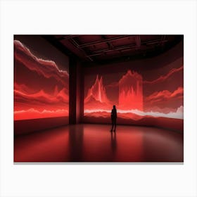 A Woman Silhouetted In A Dark Room In Front Of A Large Screen Displaying A Digital Landscape Of Red Mountains, Creating A Dramatic And Futuristic Scene Canvas Print