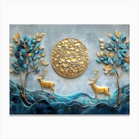 3d Art Gold Background, Turquoise Leaves, And Deer Against a Gray Background Canvas Print