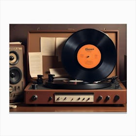 A Vintage Style Image Of A Record Player Setup, Featuring A Turntable With A Vinyl Record, Speakers, And A Pair Of Headphones Canvas Print