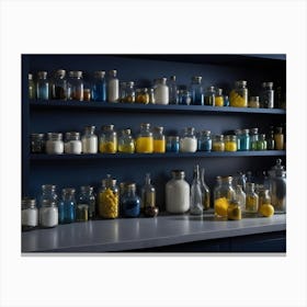 An Image Of A Shelf In A Kitchen Or Pantry Filled With Glass Jars Containing Spices And Other Food Items Canvas Print