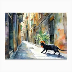 Black Cat In Palermo, Italy, Street Art Watercolour Painting 3 Canvas Print