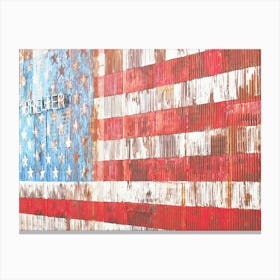 New York, USA I American flag wall in rusted metal for US street art culture photography in Brooklyn and arty Williamsburg shelter with minimalist geometric lines and blue white red stars of the United States Canvas Print