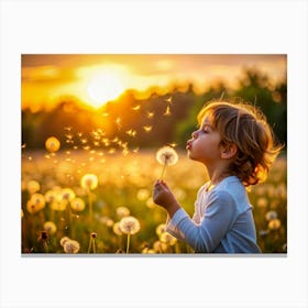 At Sunset A Field Of Dandelions Transforms Into A (3) Canvas Print