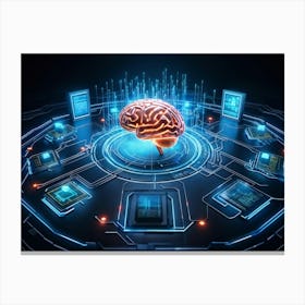 Abstract Cyber Concept Art Featuring A Human Brain At The Center Of Innovation Connected With Futur (6) Canvas Print