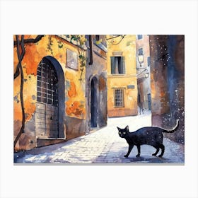 Black Cat In Rome, Italy, Street Art Watercolour Painting 7 Canvas Print