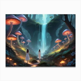 Woman Walking Through A Mystical Forest With Glowing Mushrooms And A Waterfall 7 Canvas Print