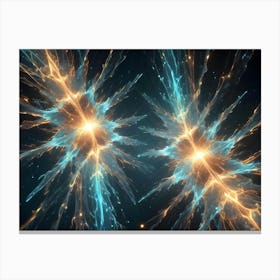 Abstract Composition Of Two Glowing, Star Like Shapes In Blue And Orange Hues Against A Dark Background, Suggesting Energy Or Power Canvas Print