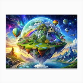 Magical Floating Island With Waterfall And Hot Air Balloons Canvas Print