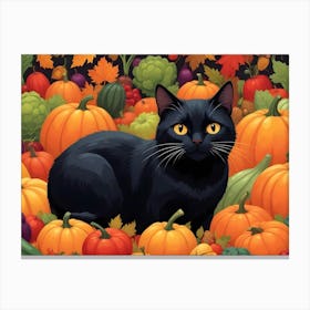 Black Cat Sitting In A Pile Of Pumpkins With A Rustic Crate Canvas Print