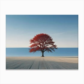 A Lone, Red Tree Stands In A Field With A Blue Sky And A Horizontal Line Dividing The Scene Canvas Print