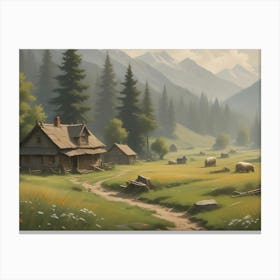 Illustration Of A Cozy Mountain Village With Wooden Houses, Trees, Meadows And A Dirt Road Leading Through The Village Canvas Print