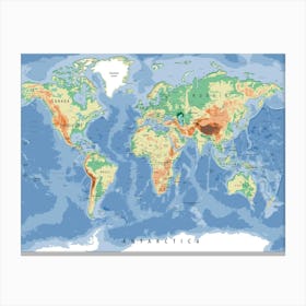 Detailed Physical World Map Canvas Print