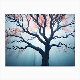 A Low Angle View Of A Tall, Bare Tree With Red Leaves Against A Misty, Blue Background Canvas Print