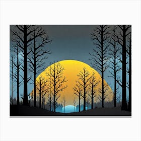 Forest, sunset,   Forest bathed in the warm glow of the setting sun, forest sunset illustration, forest at sunset, sunset forest vector art, sunset, forest painting,dark forest, landscape painting, nature vector art, Forest Sunset art, trees, pines, spruces, and firs, black, blue and yellow Canvas Print