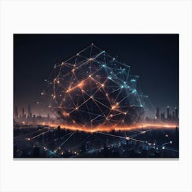 Abstract Image Of A Cityscape At Night With A Glowing, Geometric Structure Resembling A Protective Dome Or Shield, Symbolizing Technological Advancement And Urban Safety Canvas Print