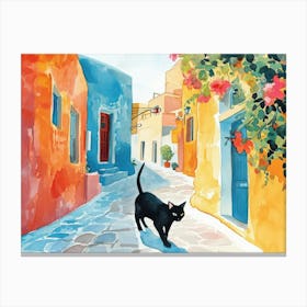Santorini, Greece   Cat In Street Art Watercolour Painting 1 Canvas Print