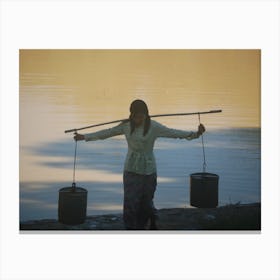 Woman Carrying Buckets, Myanmar Canvas Print