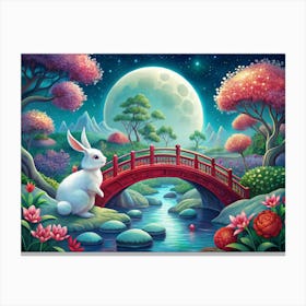 White Rabbit Sitting On A Bridge Over A Stream In A Fantasy Forest Canvas Print