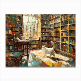 White Cat In The Library - In The Study Room Canvas Print