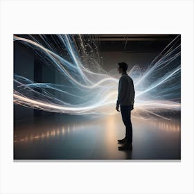 A Man Observes Flowing Lines Of Light In A Dark Room, Experiencing A Digital Art Installation Canvas Print