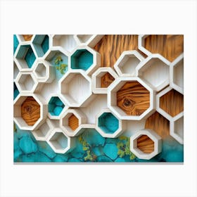 White Lattice And Turquoise Elements Combine With Dynamic Hexagons In An Oak Wood 2 Canvas Print