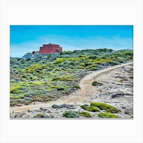 Path to the Red Fortress. A winding path leads through a rugged, green-dotted landscape to a striking red fortress perched atop a hill, blending history with natural beauty under a vivid blue sky. Canvas Print