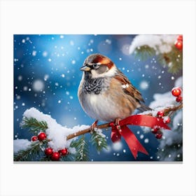 Winter Sparrow Adorned In Festive Attire Perched On A Snow Covered Branch Vibrant Red Ribbon Tied A Canvas Print