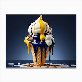 An Ice Cream Cone With White And Chocolate Ice Cream Topped With Yellow Sauce And Chocolate Sauce Canvas Print