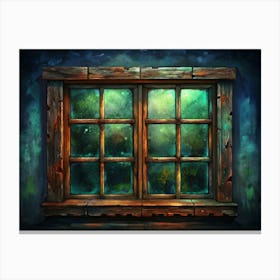 Old Wooden Window With Glowing Green Light Canvas Print