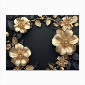 3d Artwork Background with Golden Jewelry and Flowers in Black Canvas Print