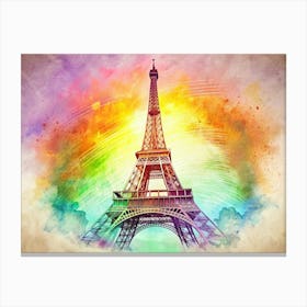 Eiffel Tower Watercolor Illustration With Rainbow Sky 1 Canvas Print