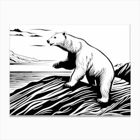 Playful Polar Bear On Cliff Linocut Black And White Solid White art, animal art, 172 Canvas Print