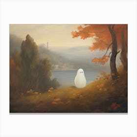 Cute Ghost Autumn Fall Castle Landscape, Halloween Spooky 4 Canvas Print