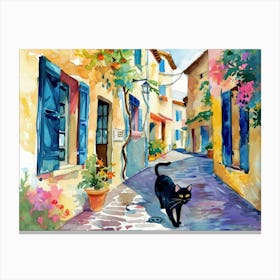 Cannes, France   Cat In Street Art Watercolour Painting 1 Canvas Print
