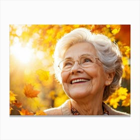 Elderly Woman Radiating Joy Amidst Crisp Autumn Leaves Close Up Orange Yellow Foliage Surrounding (2) Canvas Print