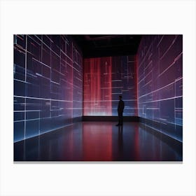 A Man Stands In A Room Surrounded By Glowing Screens Displaying Abstract Digital Patterns In Blue, Red, And White Canvas Print